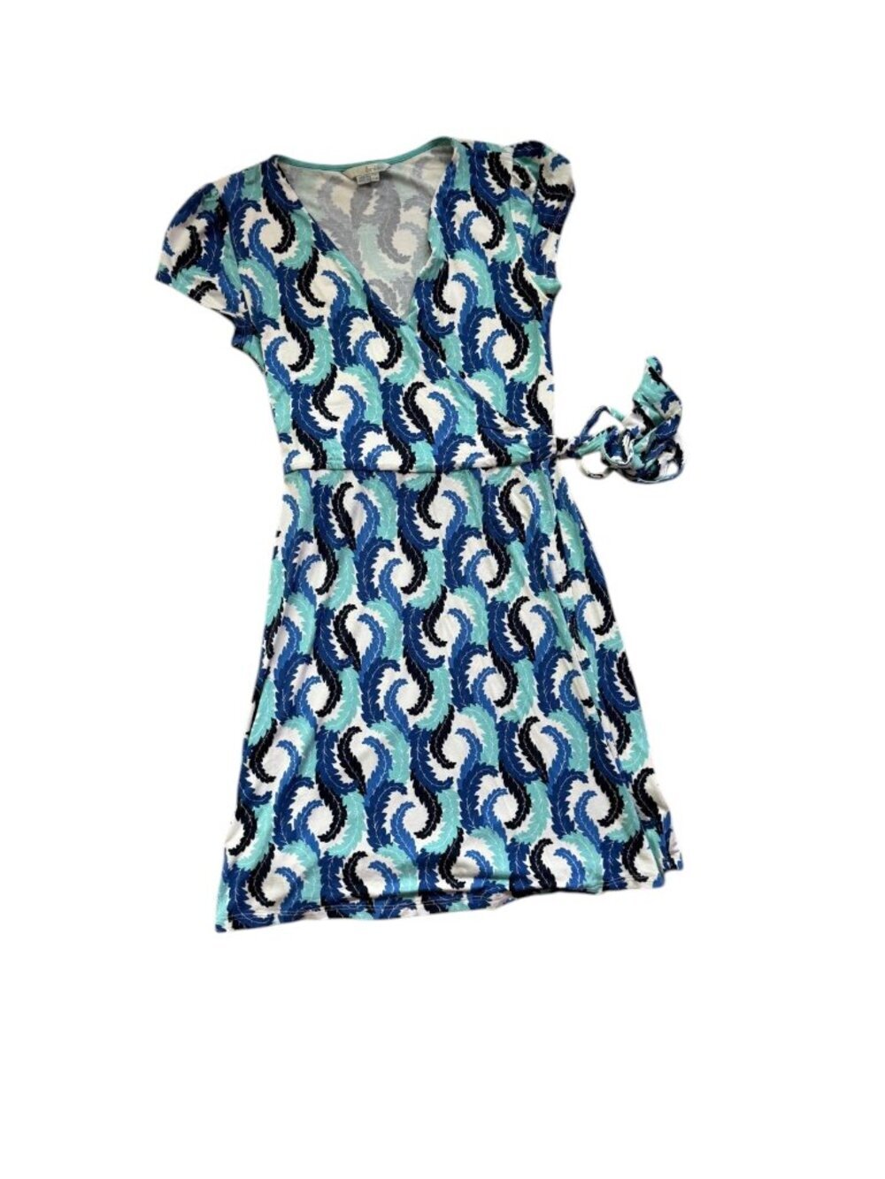 Boden Women's 10 Blue Teal Abstract Wrap Dress V Neck Short Sleeve.